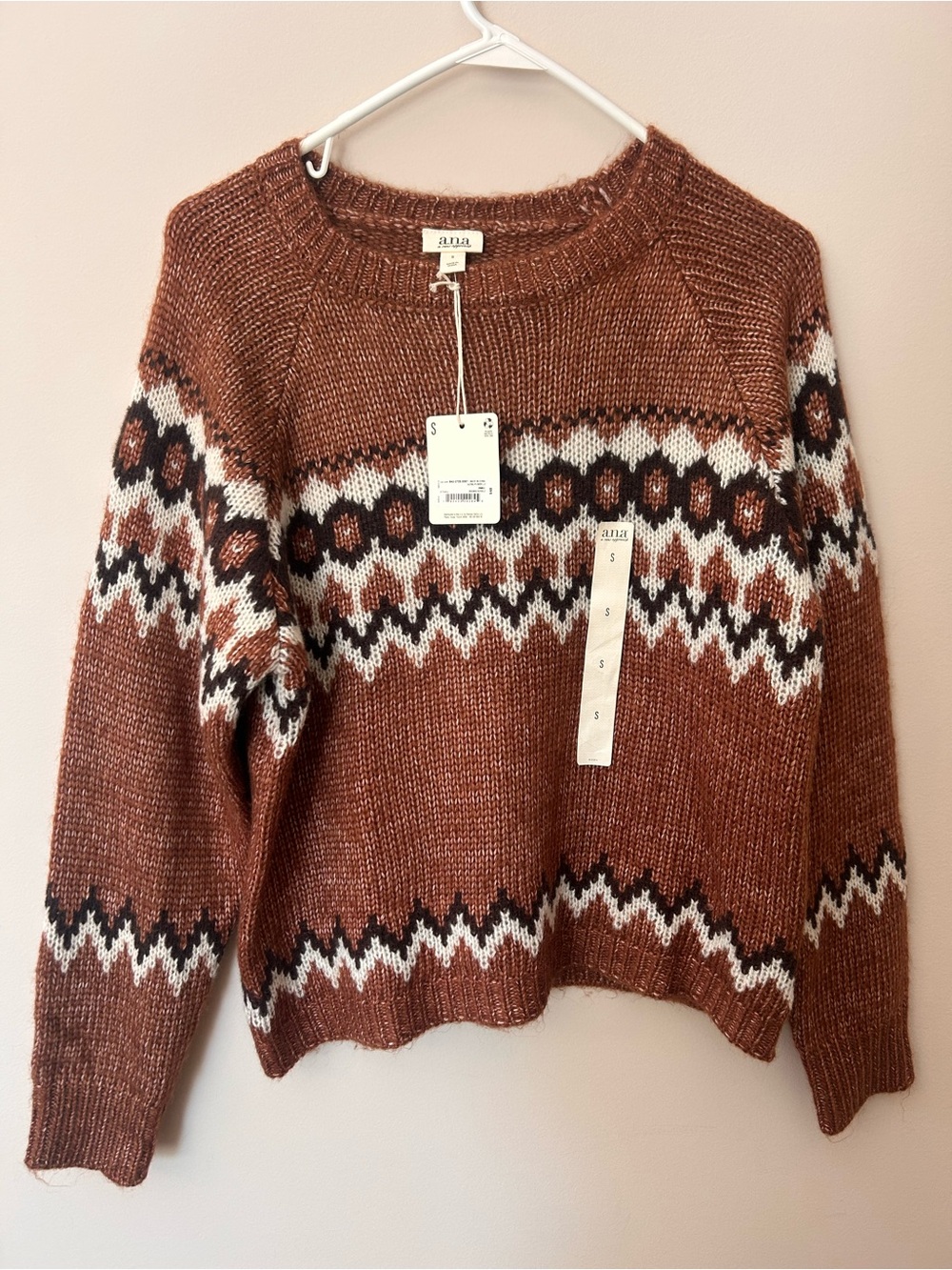 NWT a.n.a Rust Fair Isle Crewneck Sweater with Black and White Accents